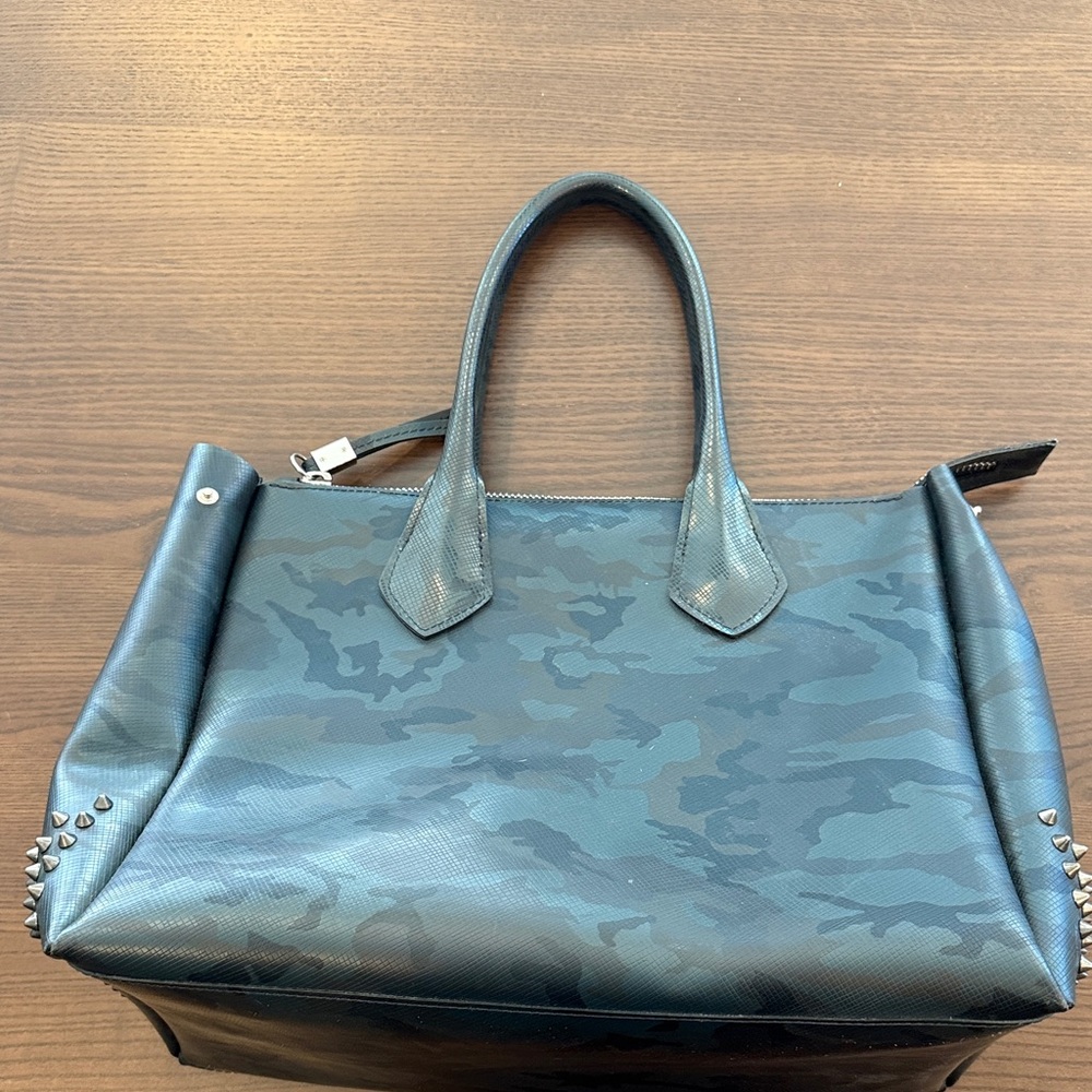 Camo Vegan Leather Look Studded Tote Bag